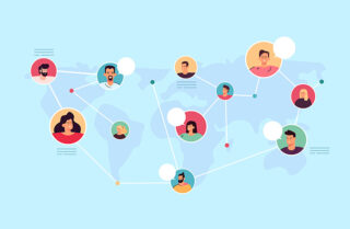 Graphic of people icons networked across the globe