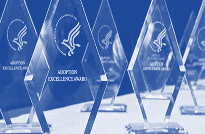 Glass statues displaying "Adoption Excellance Awards."