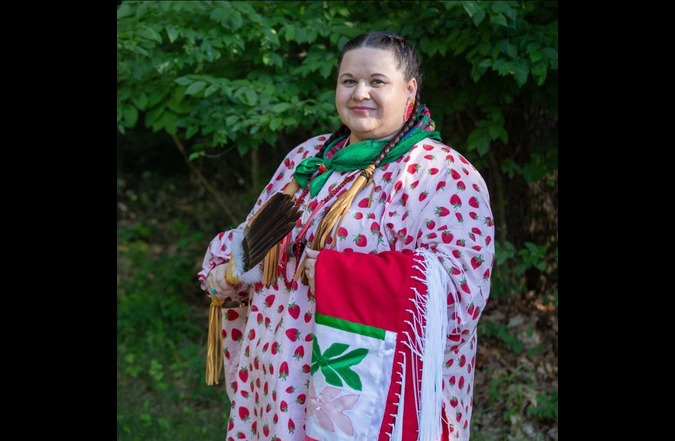 Kendra Lowden, a member of the Citizen Potawatomi Nation and descendant of the Osage Nation, is pictured in full tribal regalia.